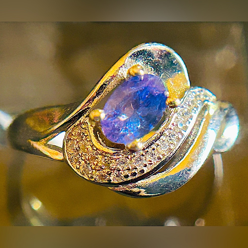 Sz6 .5CT UNHEATED NATURAL blue TANZANITE & cz accent bypass 925 deco ring